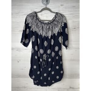 Blue Island Dress Womens Medium Navy White Paisley Boho Tunic Rayon Tassel Tie